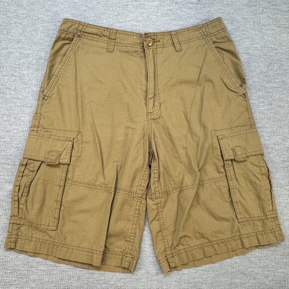 OP Mens Khaki Shorts Snap Closure Cargo Pockets Mid Rise Flat Front Cotton Sz 32 - Picture 1 of 12